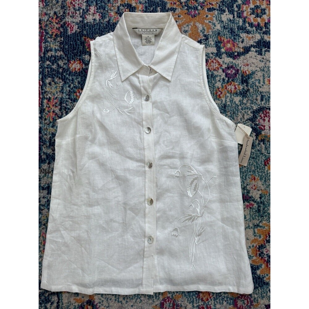 VTG‎ Uniform John Paul Richard Sandwashed LINEN Sleeveless Blouse Embroidered -M - Picture 4 of 7